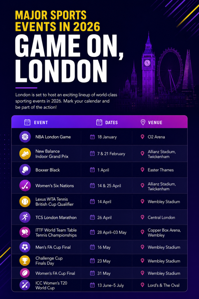 Modern purple sports infographic poster showing major sports events in London 2026 with event names, dates, and venues in a stylish schedule layout.