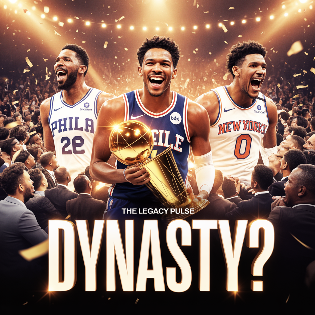 nba playoffs 2026 legacy pulse dynasty graphic featuring philadelphia 76ers and new york knicks players with a championship trophy