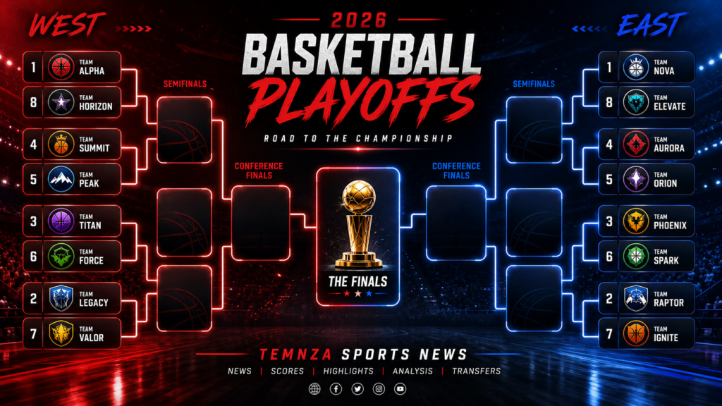 2026 basketball playoffs bracket with west vs east teams, matchups, semifinals and finals championship layout