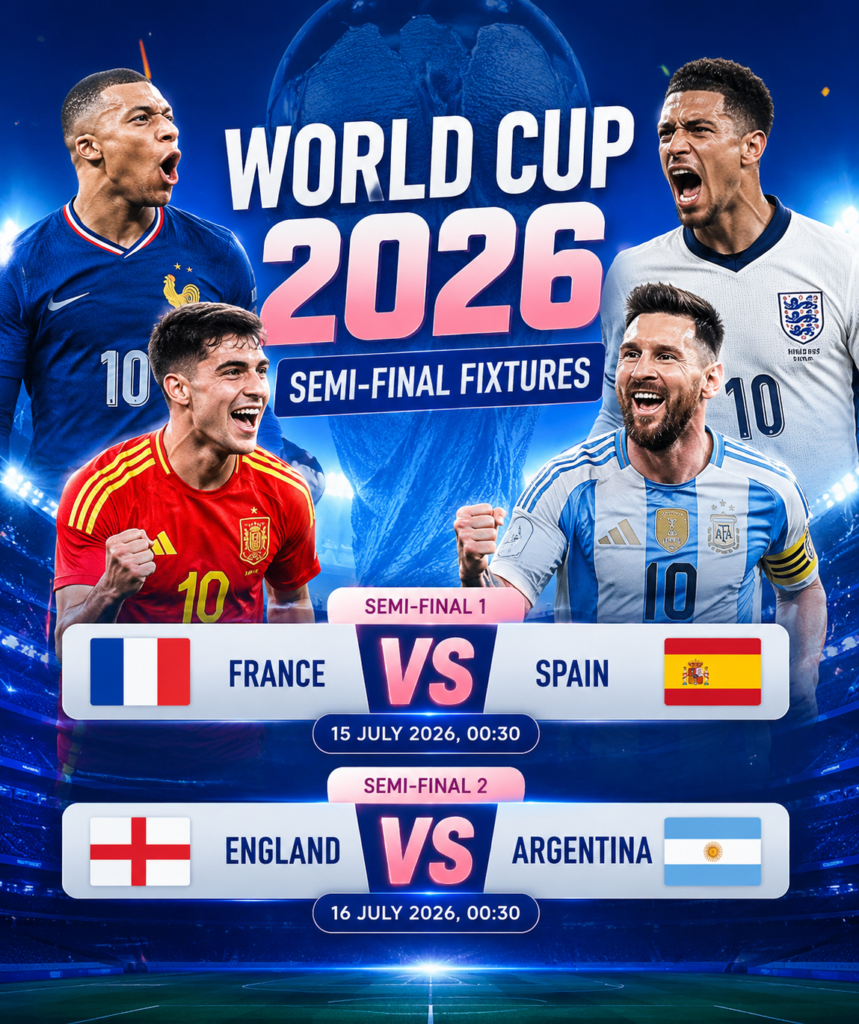 FIFA World Cup 2026 semi-final fixtures poster featuring France vs Spain and England vs Argentina with football players, national flags, and a stadium background